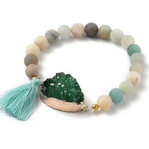 NWOT Big Natural Druzy & Flower Amazonite Gemstones Stretch Bracelet